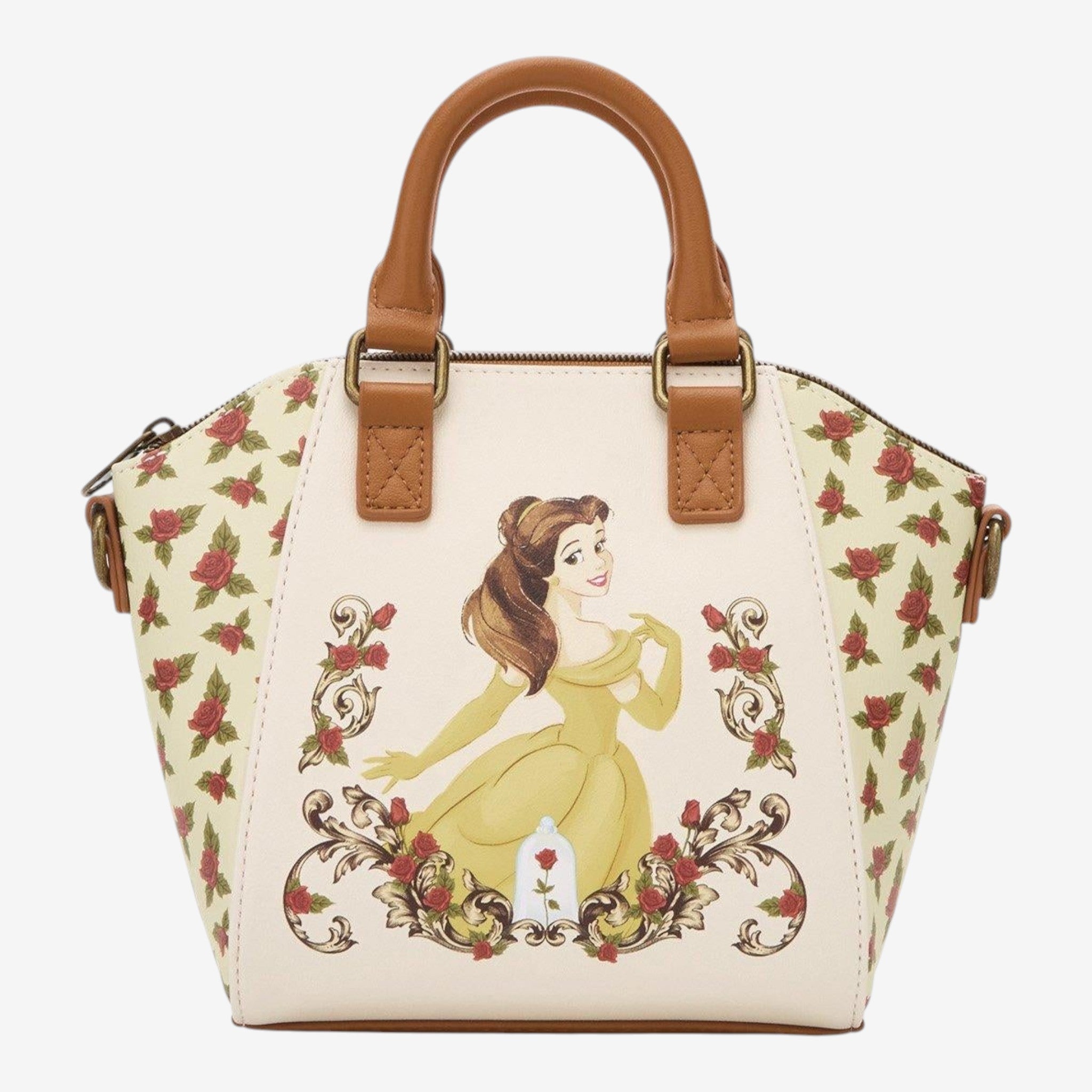 Once Upon Magic La Belle et la Bête mini satchel with Belle in a yellow ballgown surrounded by roses. Faux leather.