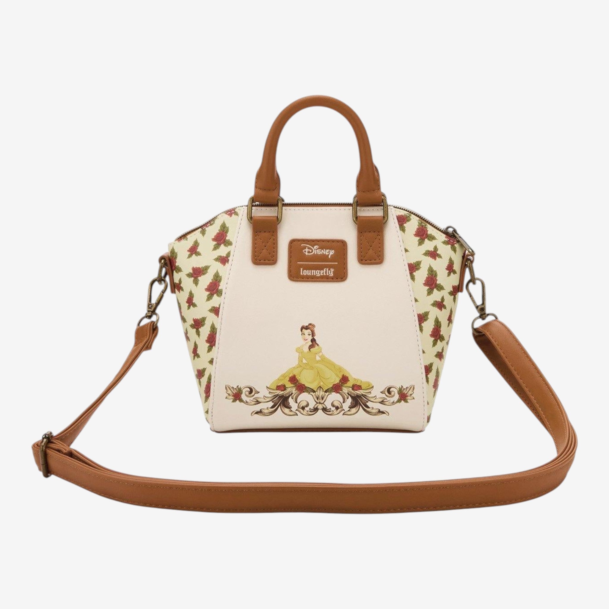 Once Upon Magic La Belle et la Bête mini satchel with Belle in a yellow gown, red roses, and filigree details. Faux leather.