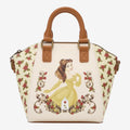 Once Upon Magic La Belle et la Bête mini satchel with Belle in a yellow ballgown surrounded by roses. Faux leather.