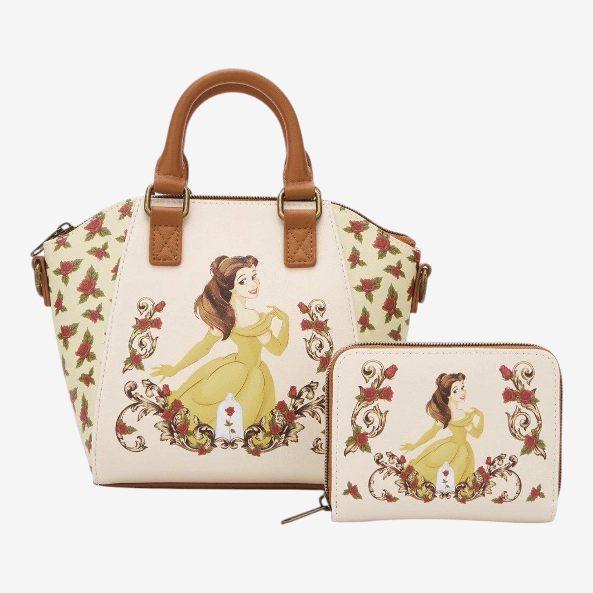 Once Upon Magic La Belle et la Bête mini satchel and wallet set with Belle in a yellow gown surrounded by roses. Cream faux leather.