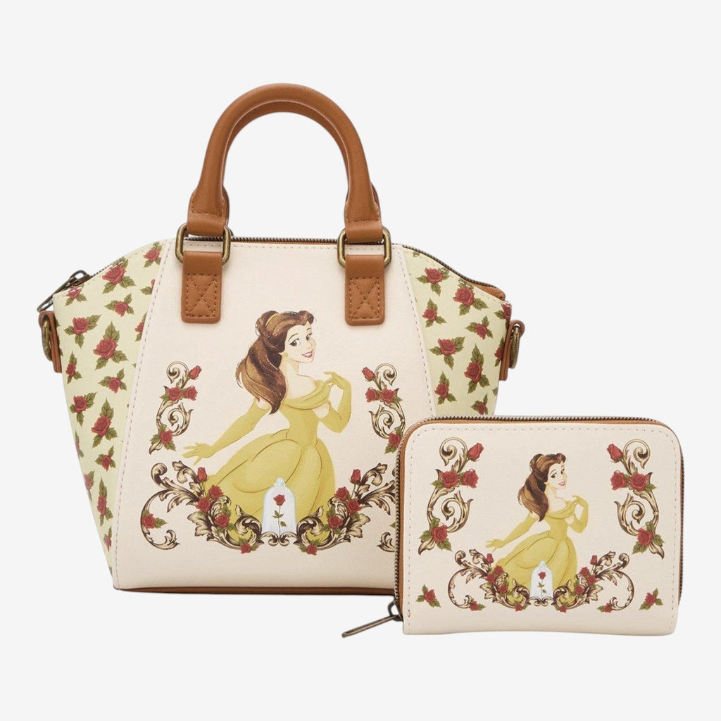 Once Upon Magic La Belle et la Bête mini satchel and wallet set with Belle in a yellow gown surrounded by roses. Cream faux leather.