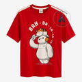 Once Upon Magic red Big Hero 6 graphic t-shirt featuring Baymax and Mochi with white sporty shoulder stripes.
