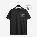 Once Upon Magic black Disney Adventure World t-shirt with small chest logo on a hanger