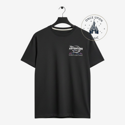 Once Upon Magic black Disney Adventure World t-shirt with small chest logo on a hanger