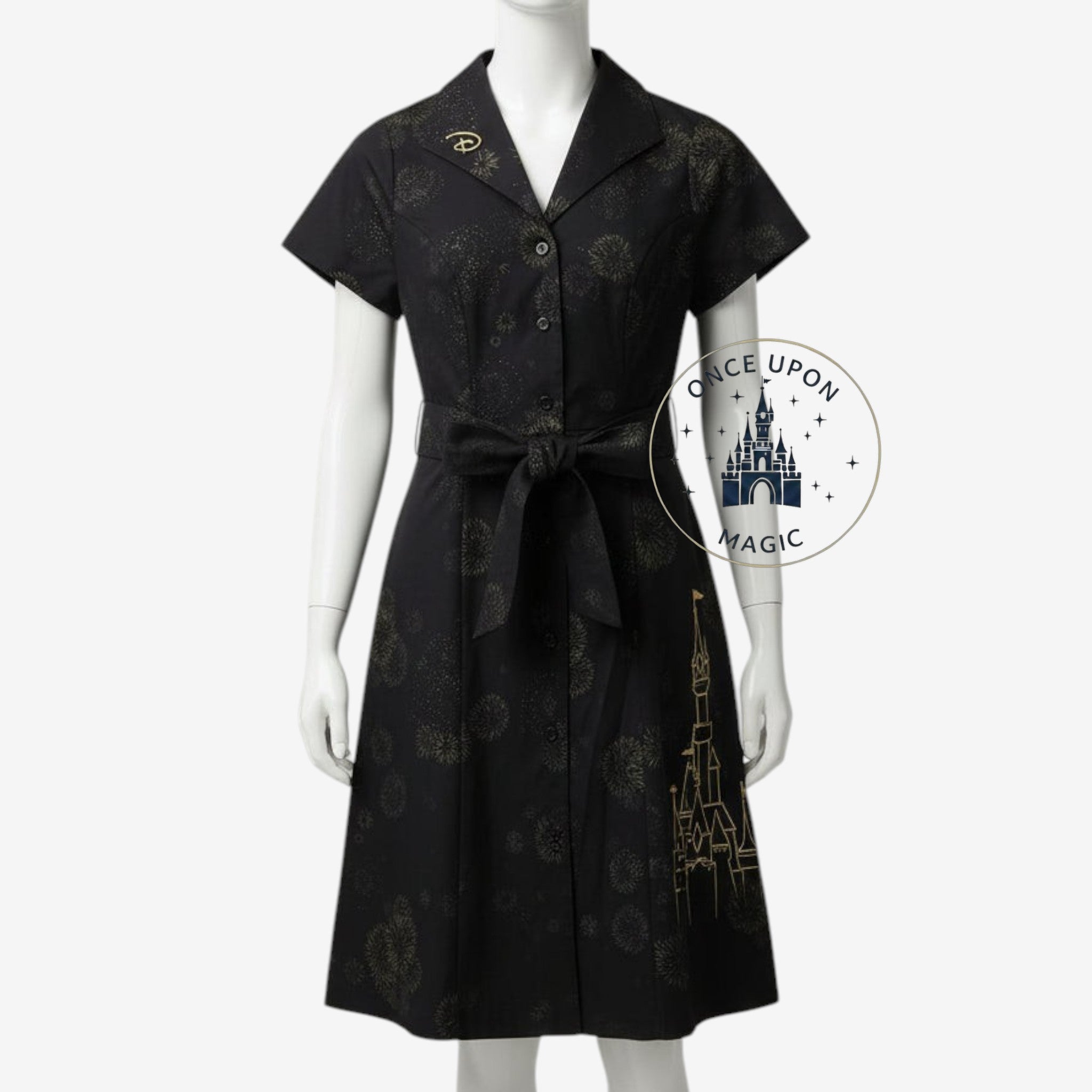 Once Upon Magic black Disney dress with gold castle print, button-down front, and tie waist on a mannequin