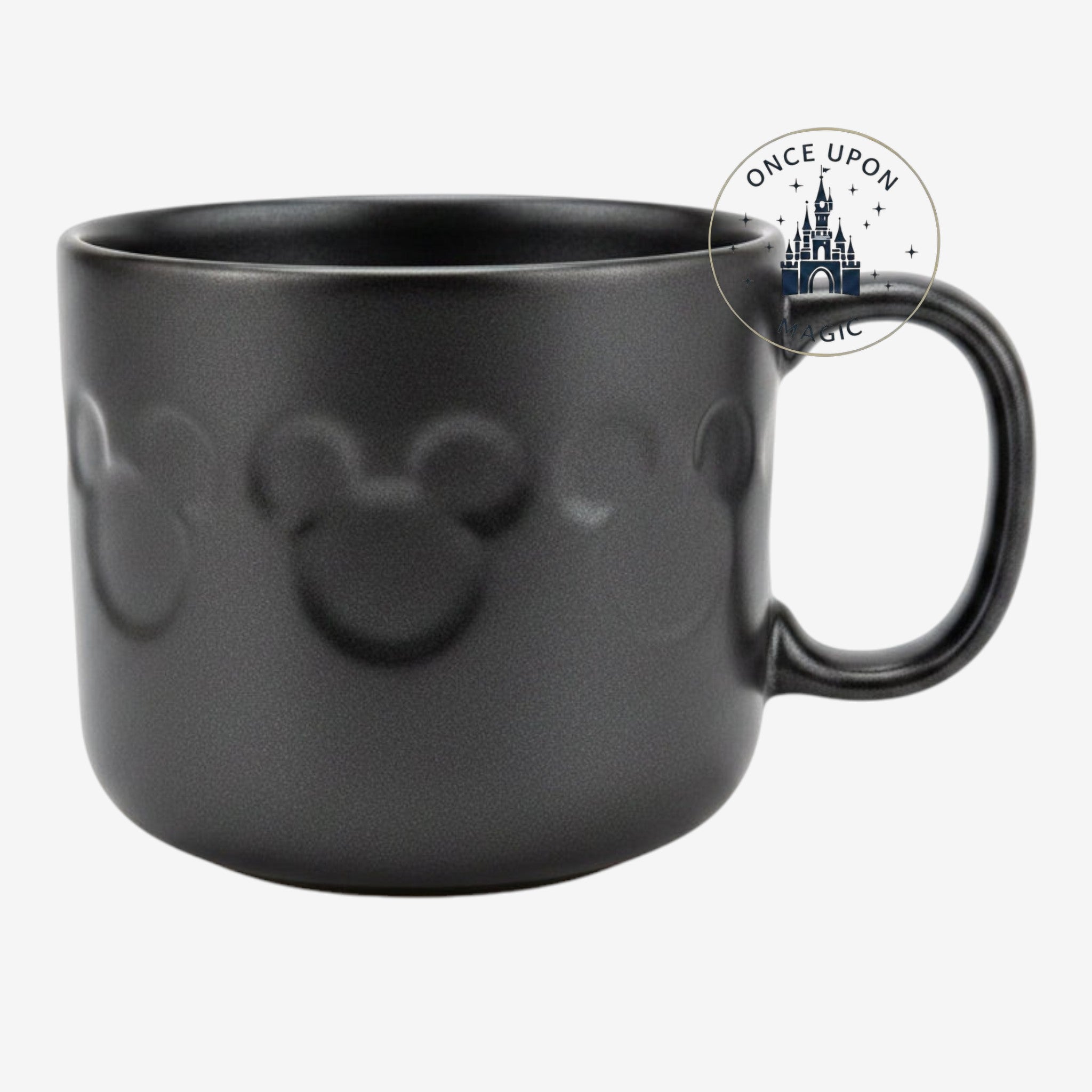 Once Upon Magic black Disneyland Paris mug featuring a subtle embossed Mickey Mouse icon pattern