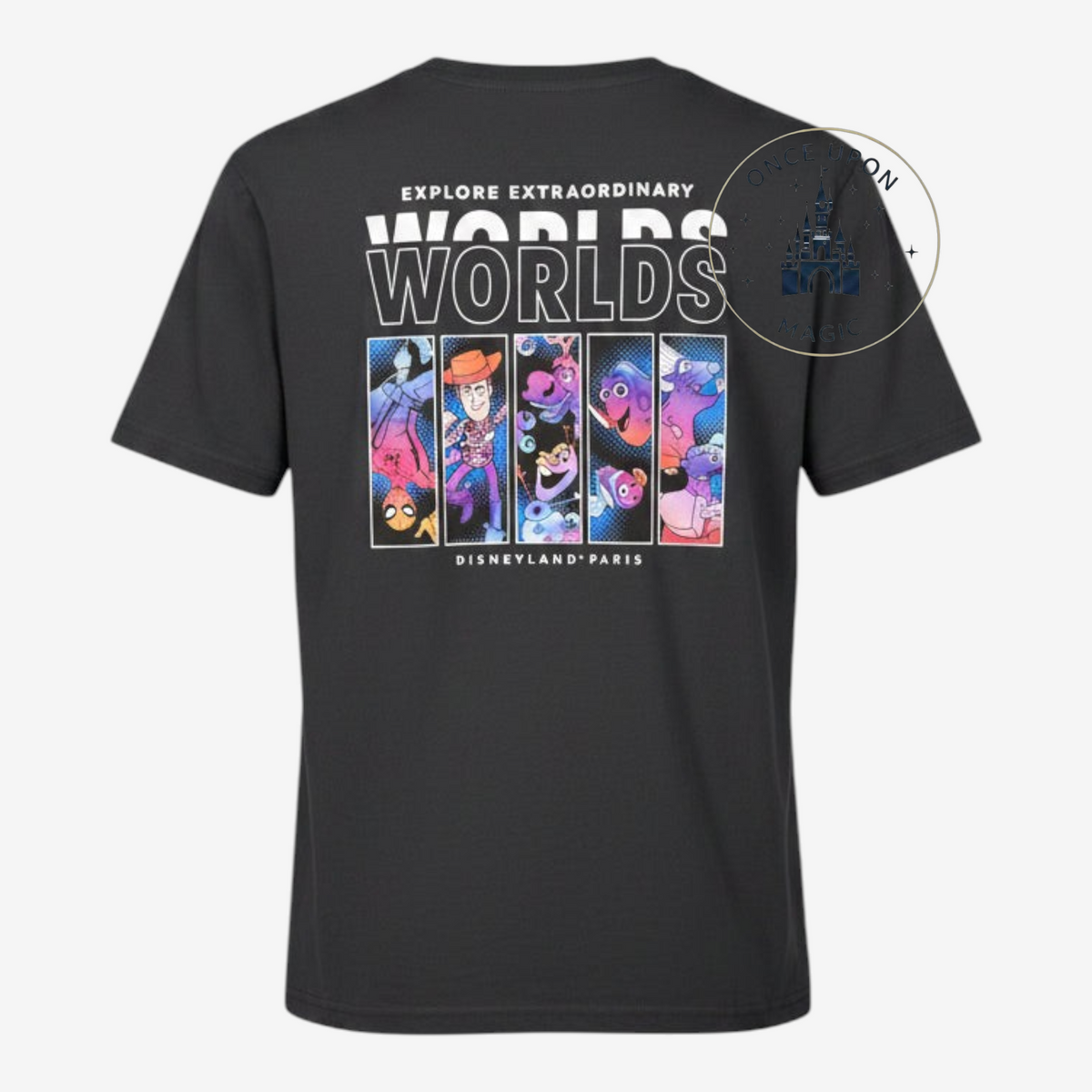 Once Upon Magic black adult t-shirt featuring a Disney Adventure World Extraordinary Worlds graphic on the back