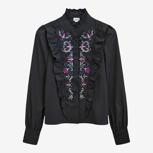 Once Upon Magic black long-sleeve blouse with embroidered floral details and ruffled front, inspired by Anna from Frozen.