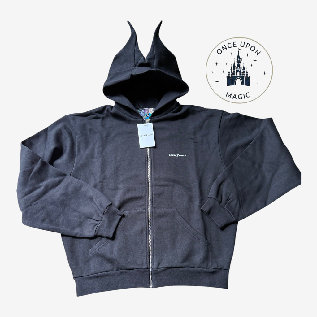 Once Upon Magic black zip-up hoodie featuring Maleficent-inspired horn details on the hood and front logo embroidery.