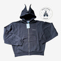 Once Upon Magic black zip-up hoodie featuring Maleficent-inspired horn details on the hood and front logo embroidery.