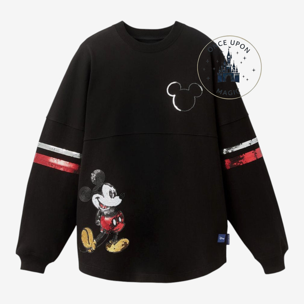 Once Upon Magic black Disneyland Paris spirit jersey featuring a sequined Mickey Mouse and striped sleeves.