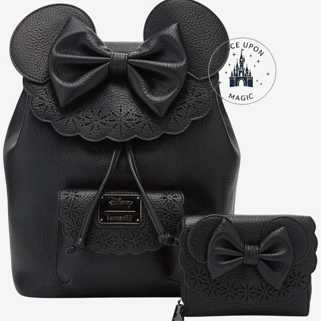 Once Upon Magic black textured pebble faux leather Minnie Mouse mini backpack with 3D bow and ears, laser cut details.