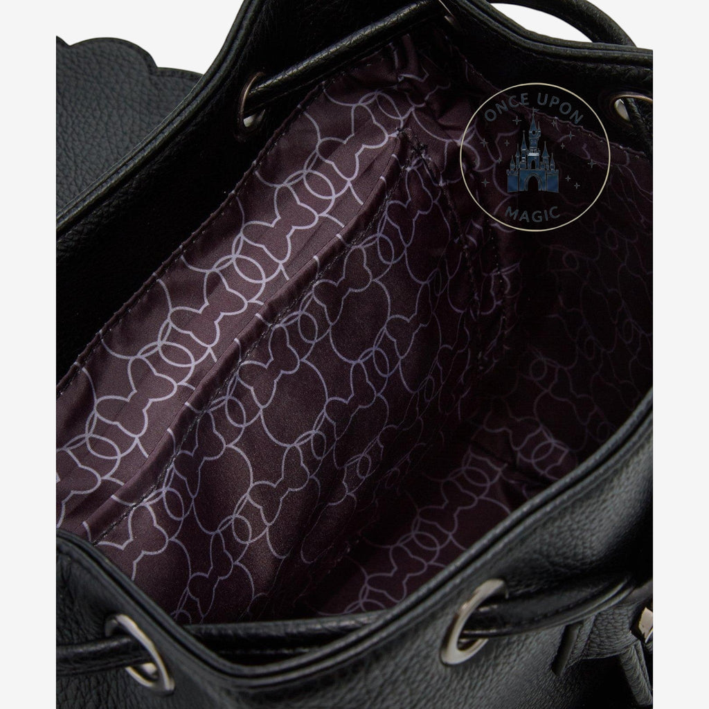 Once Upon Magic black textured pebble faux leather Minnie Mouse mini backpack with 3D ears and bow, drawstring closure.