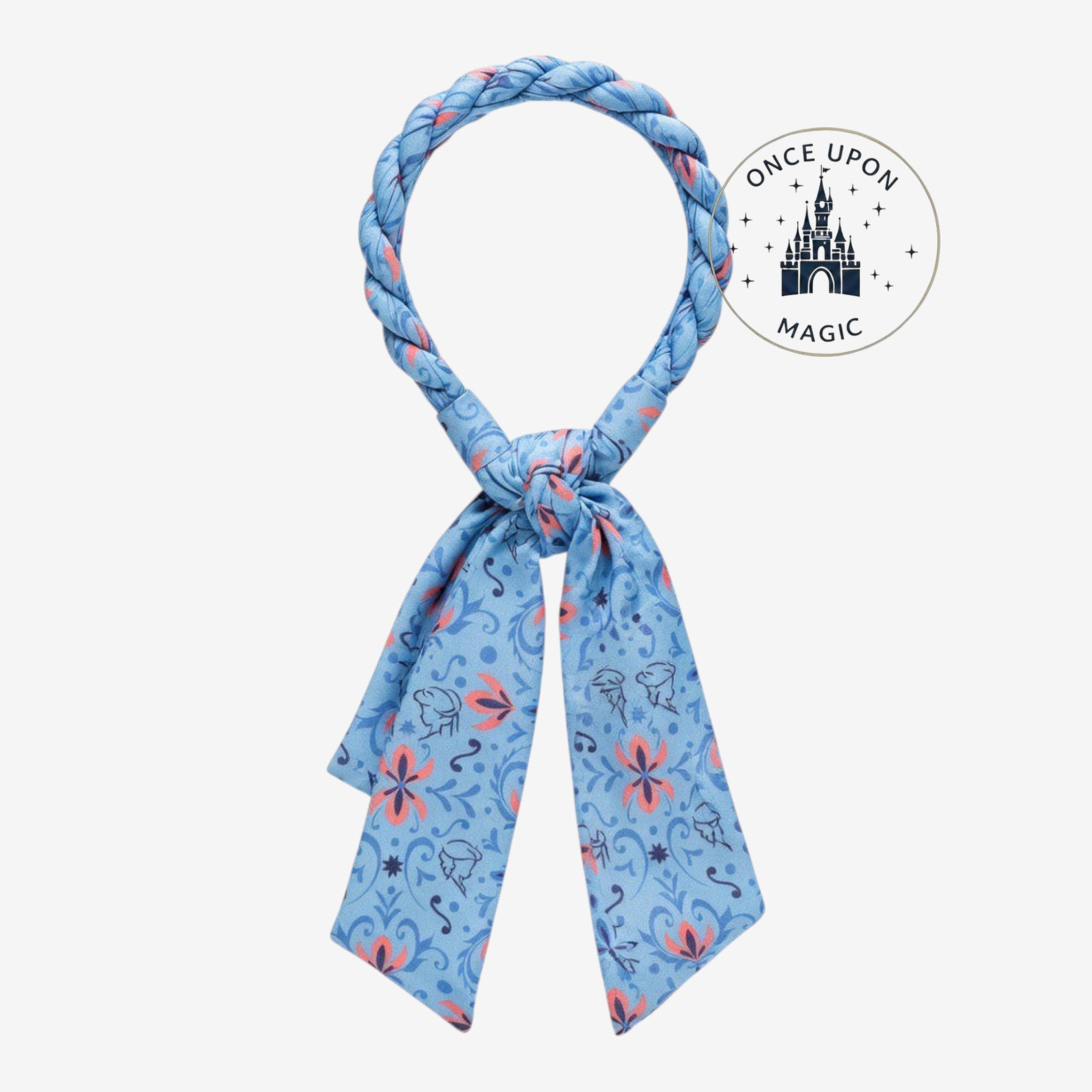 Once Upon Magic blue braided hair scarf with floral Frozen-inspired patterns and knotted ribbon ends