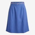 Once Upon Magic blue flared skirt with embroidered floral waistband, above the knee length, inspired by Anna from Frozen.