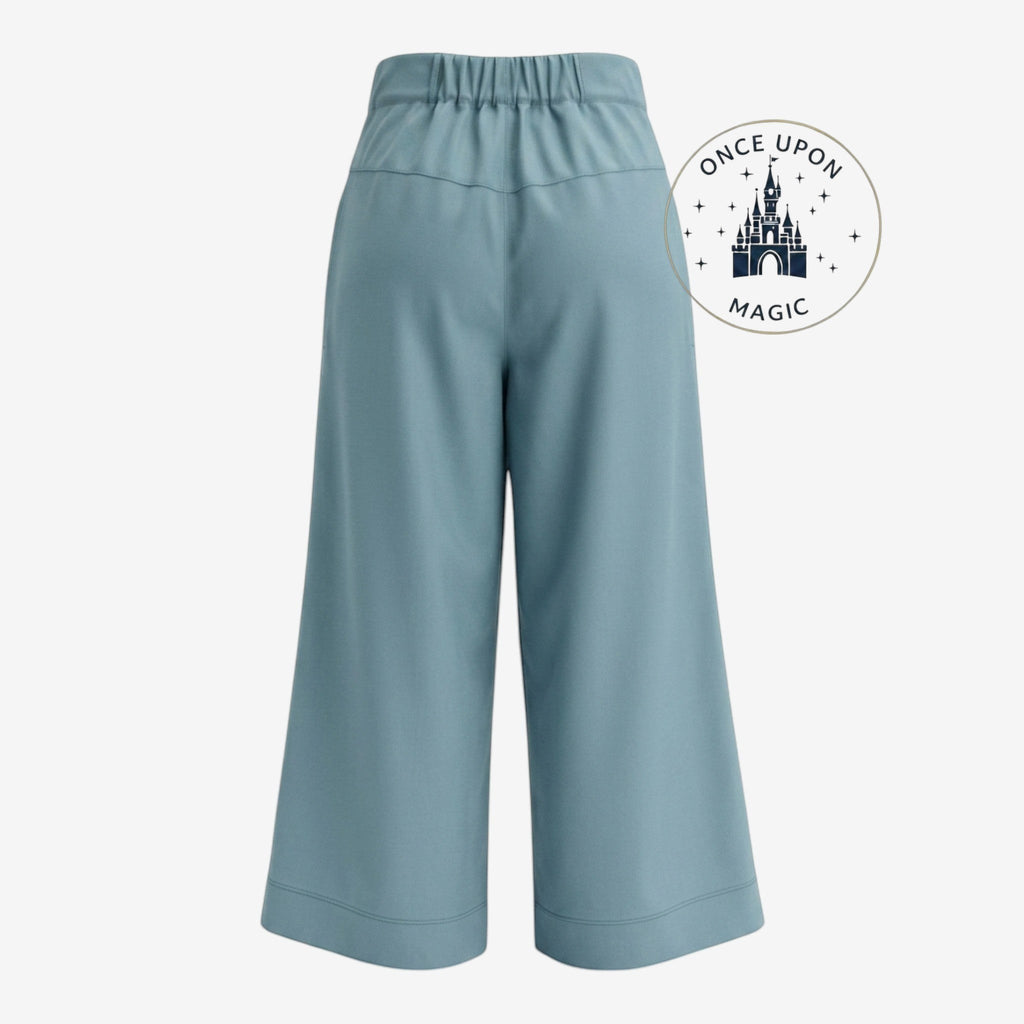 Once Upon Magic blue wide-leg culotte pants with high waist and delicate lotus embroidery, inspired by Princess Jasmine.