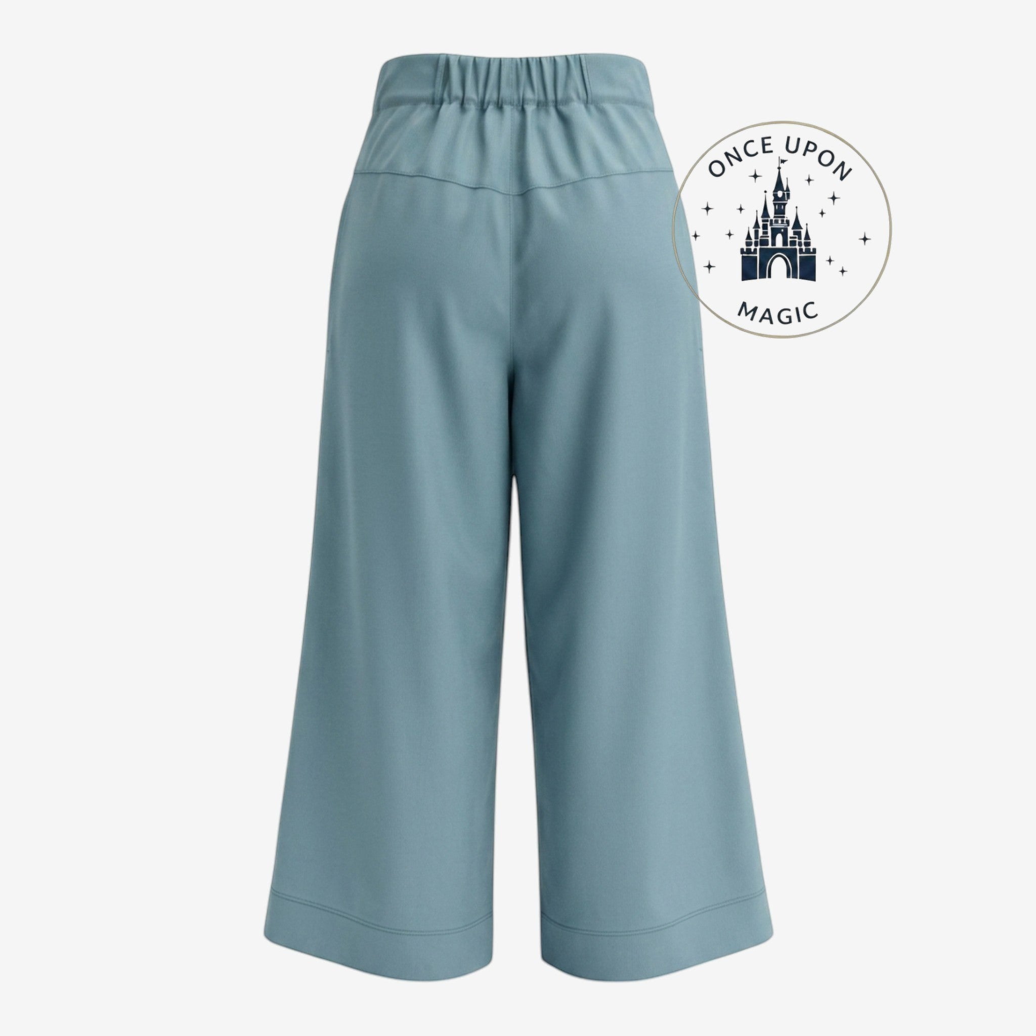 Once Upon Magic blue wide-leg culotte pants with high waist and delicate lotus embroidery, inspired by Princess Jasmine.