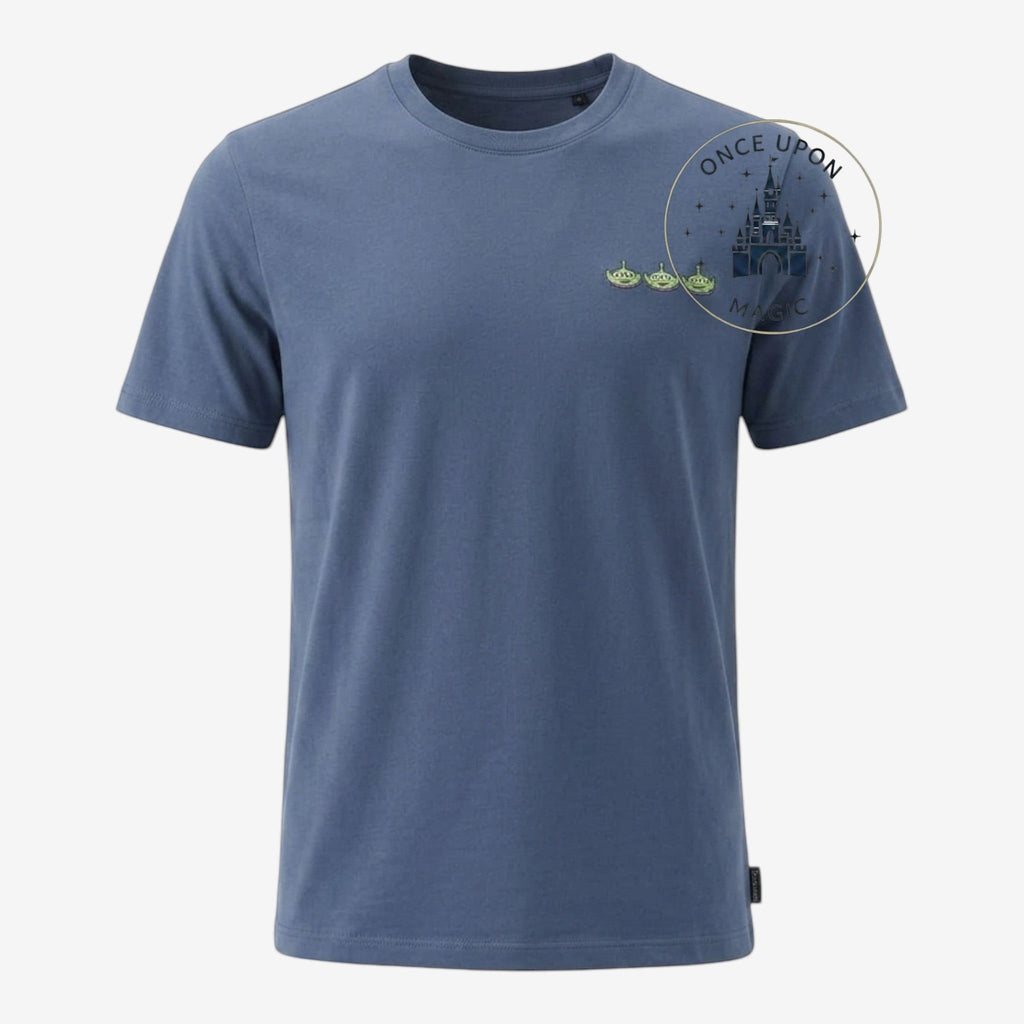 Once Upon Magic blue cotton t-shirt with embroidered Toy Story aliens on the chest.