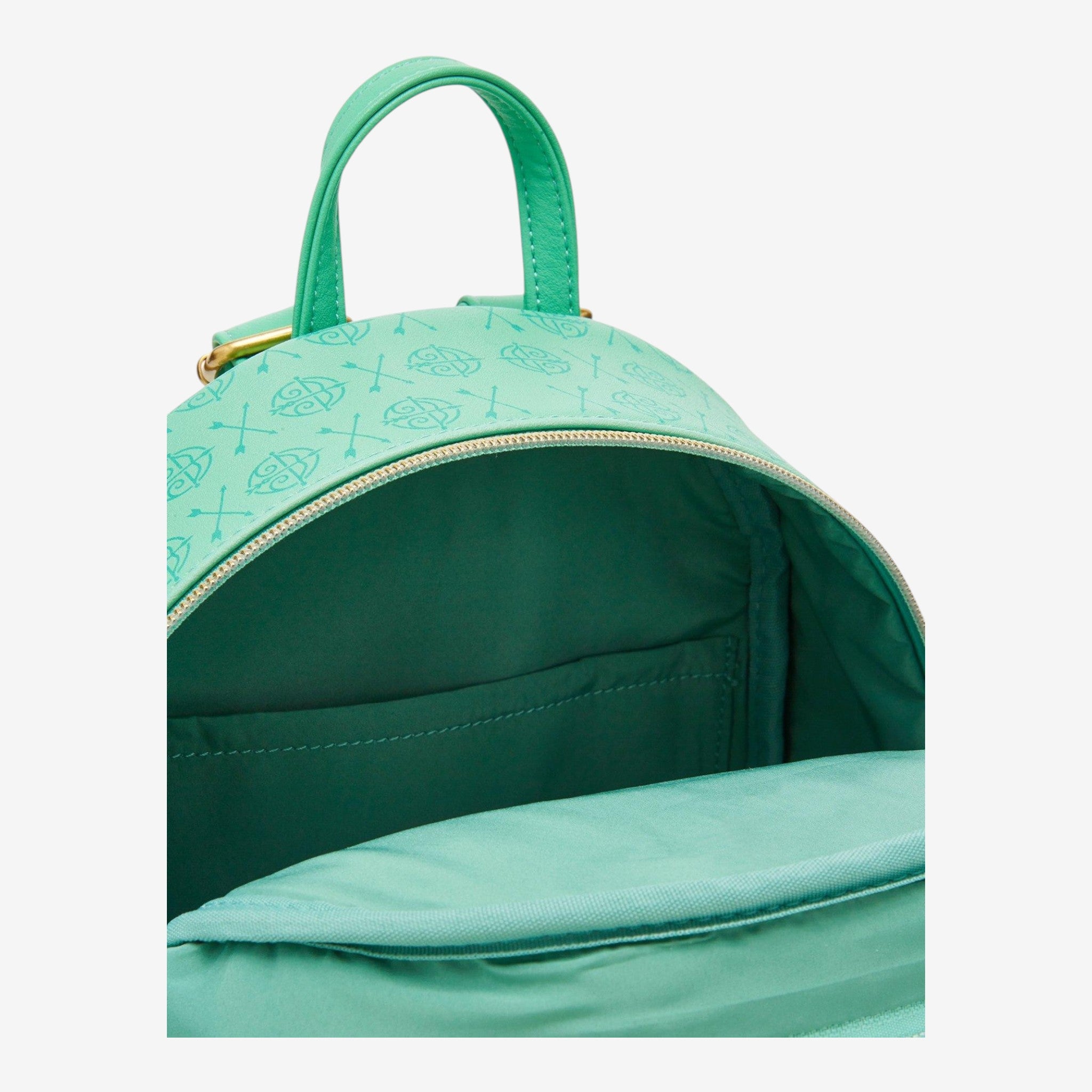 Once Upon Magic mint green faux leather mini backpack with all-over pattern of arrows and Celtic knots, inspired by Disney's Brave.