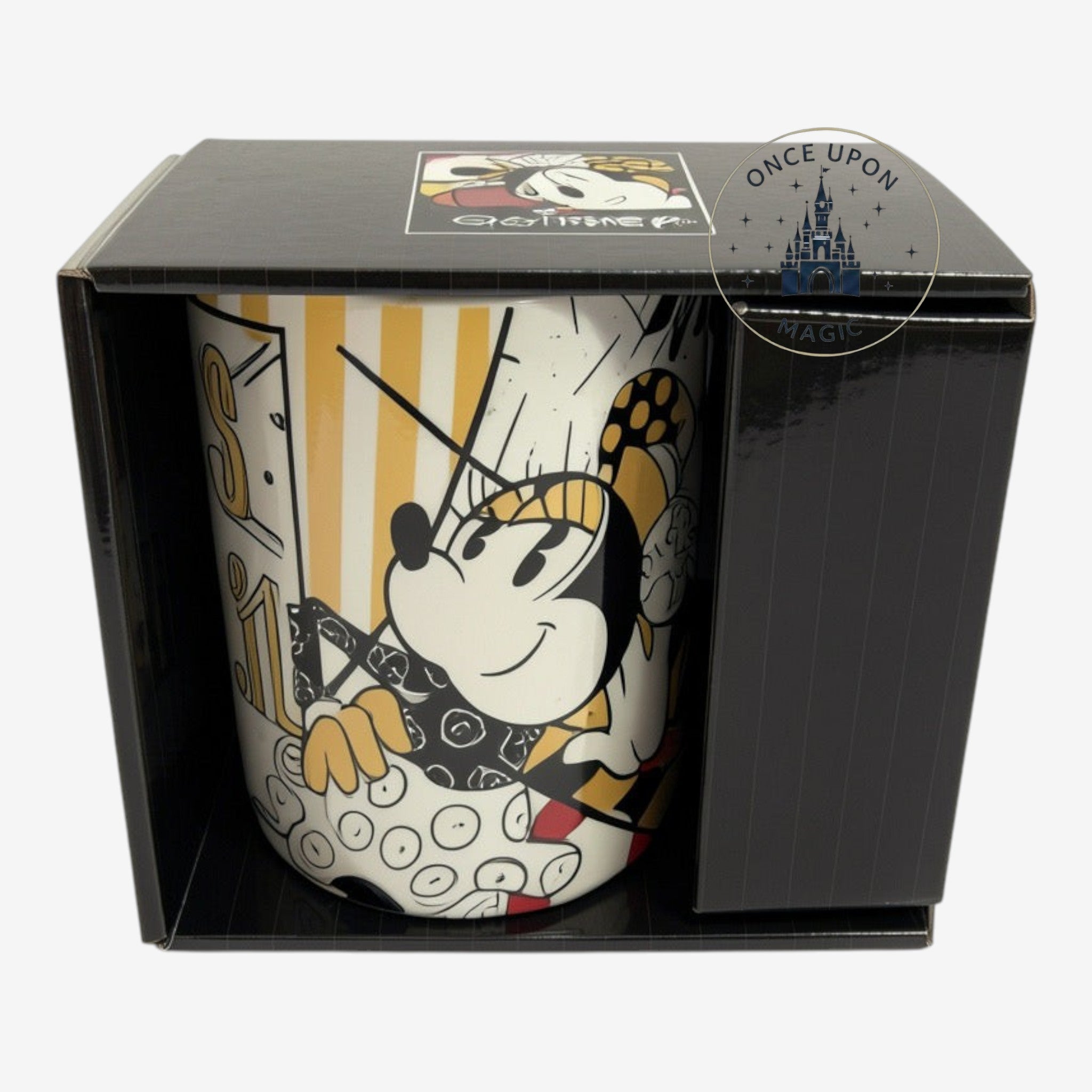 Once Upon Magic Brito ceramic mug featuring a stylized Minnie Mouse illustration in yellow, black, and white.
