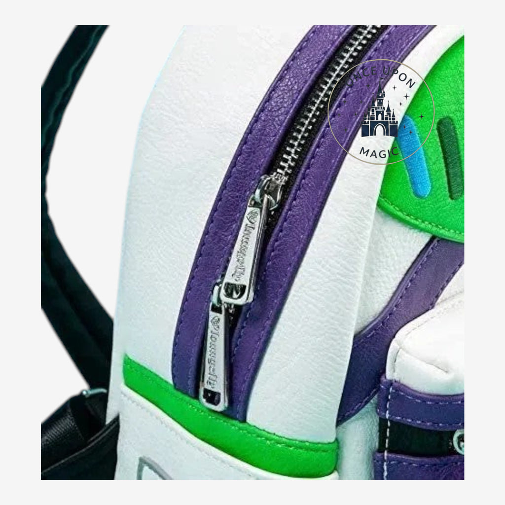 Once Upon Magic Buzz Lightyear Space Ranger mini backpack in white faux leather with purple, green, and black accents.