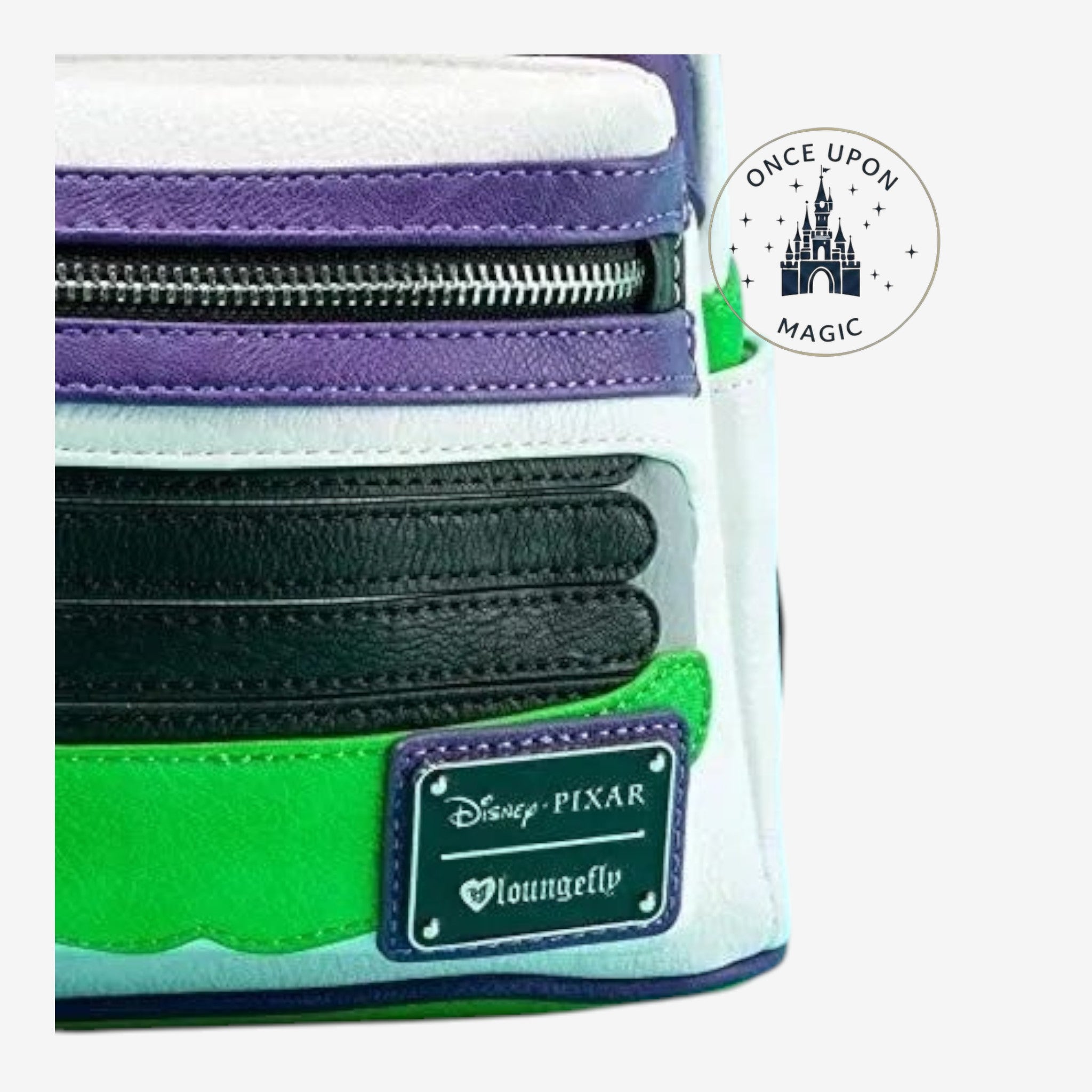 Once Upon Magic Buzz Lightyear Space Ranger mini backpack in white faux leather with green, purple, and black accents. Features zipper pockets and Disney Pixar patch.