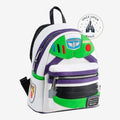 Once Upon Magic Buzz Lightyear Space Ranger mini backpack in white faux leather with green, purple, and black accents. Features "Space Rangers" patch.