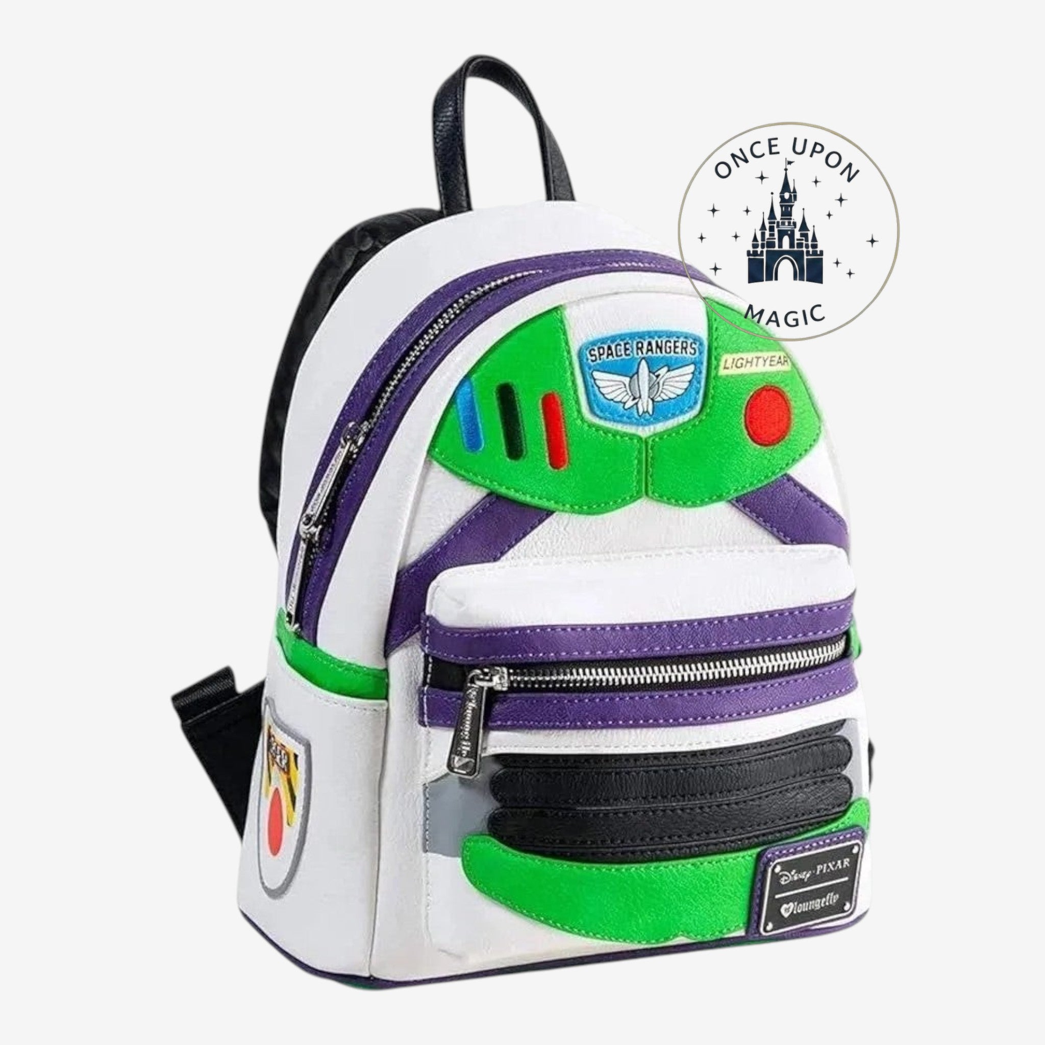 Once Upon Magic Buzz Lightyear Space Ranger mini backpack in white faux leather with green, purple, and black accents. Features "Space Rangers" patch.