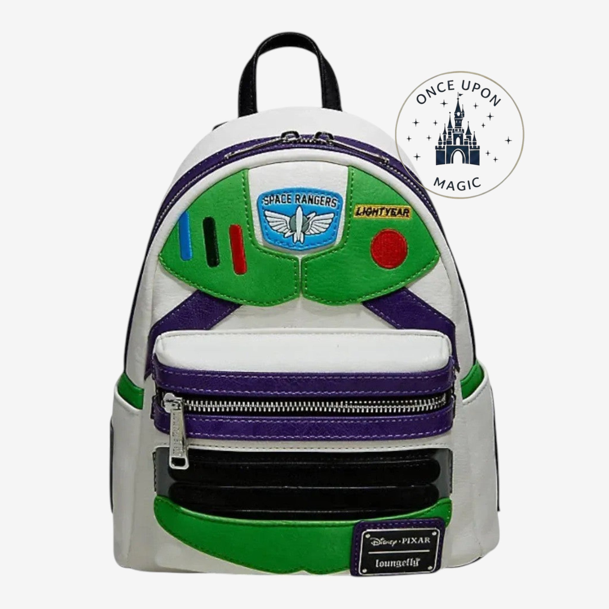 Once Upon Magic Buzz Lightyear Space Ranger mini backpack in white faux leather with green, purple, and black accents. Features "Space Rangers" patch.