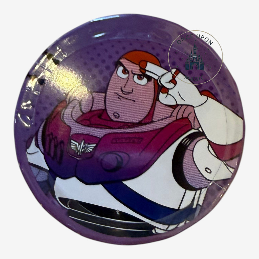 Once Upon Magic Buzz Lightyear round metal click clack candy tin featuring a purple design from Disneyland Paris