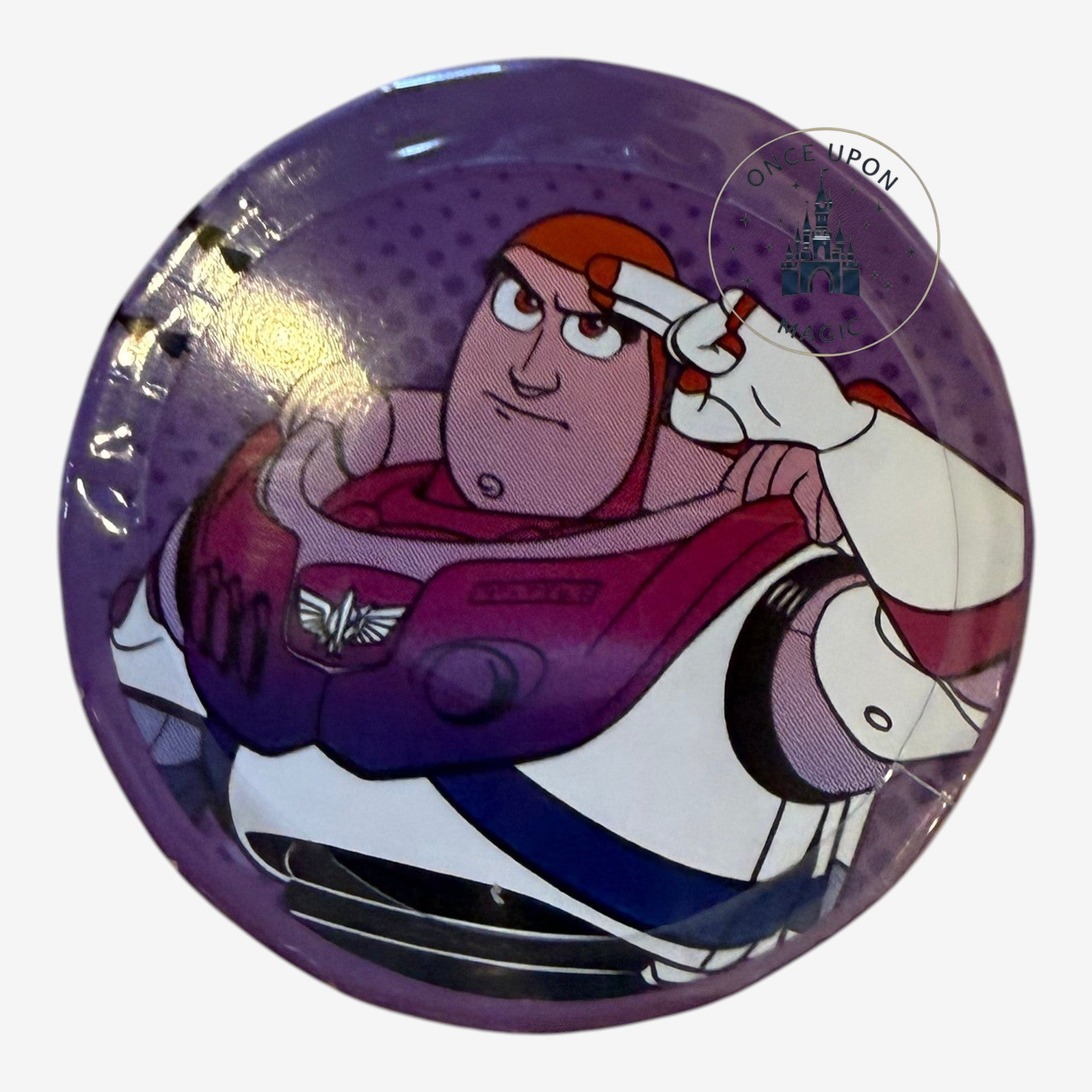 Once Upon Magic Buzz Lightyear round metal click clack candy tin featuring a purple design from Disneyland Paris