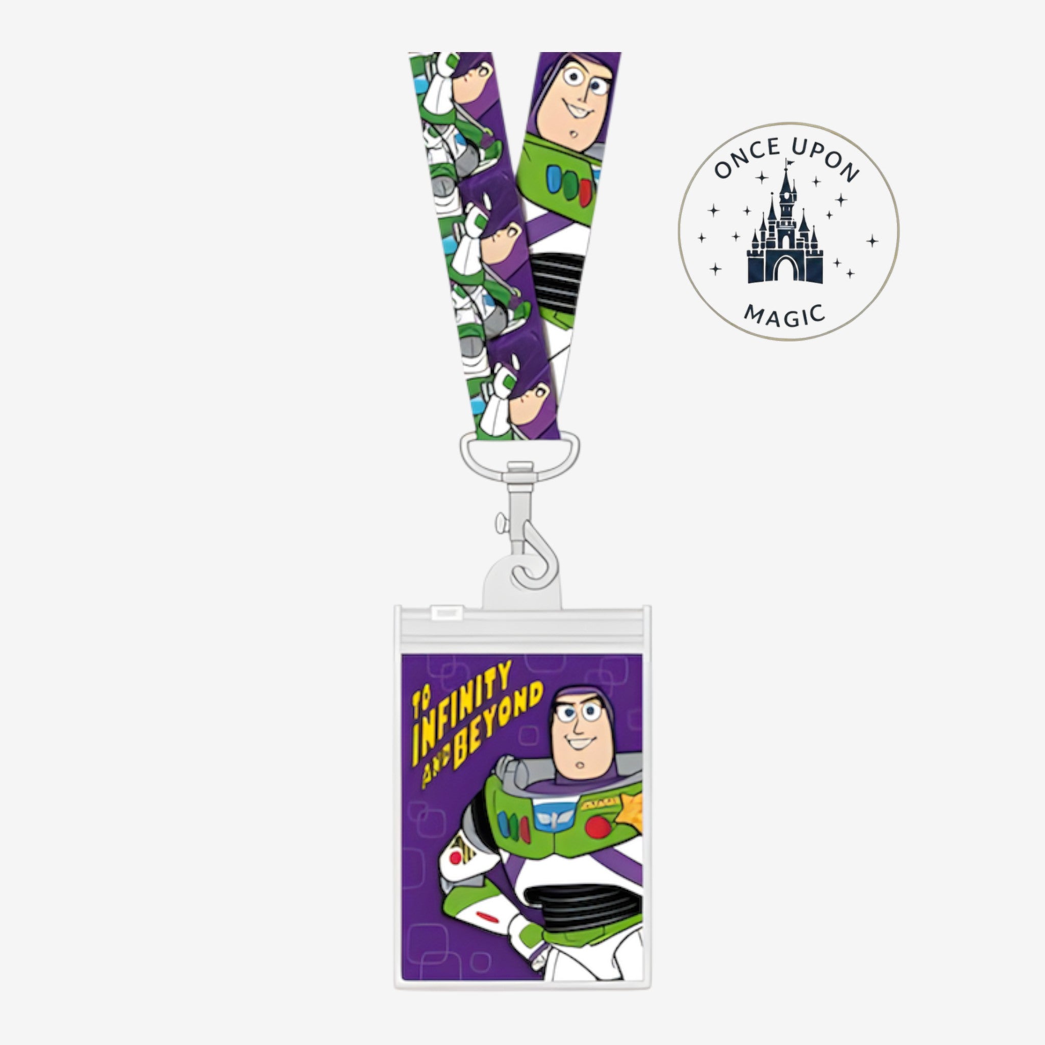 Once Upon Magic Buzz Lightyear lanyard and pouch with "To Infinity and Beyond" text. Features Buzz's face and suit.
