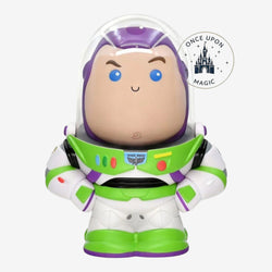 Once Upon Magic Buzz Lightyear piggy bank, white, green, and purple plastic, iconic Space Ranger suit with helmet.