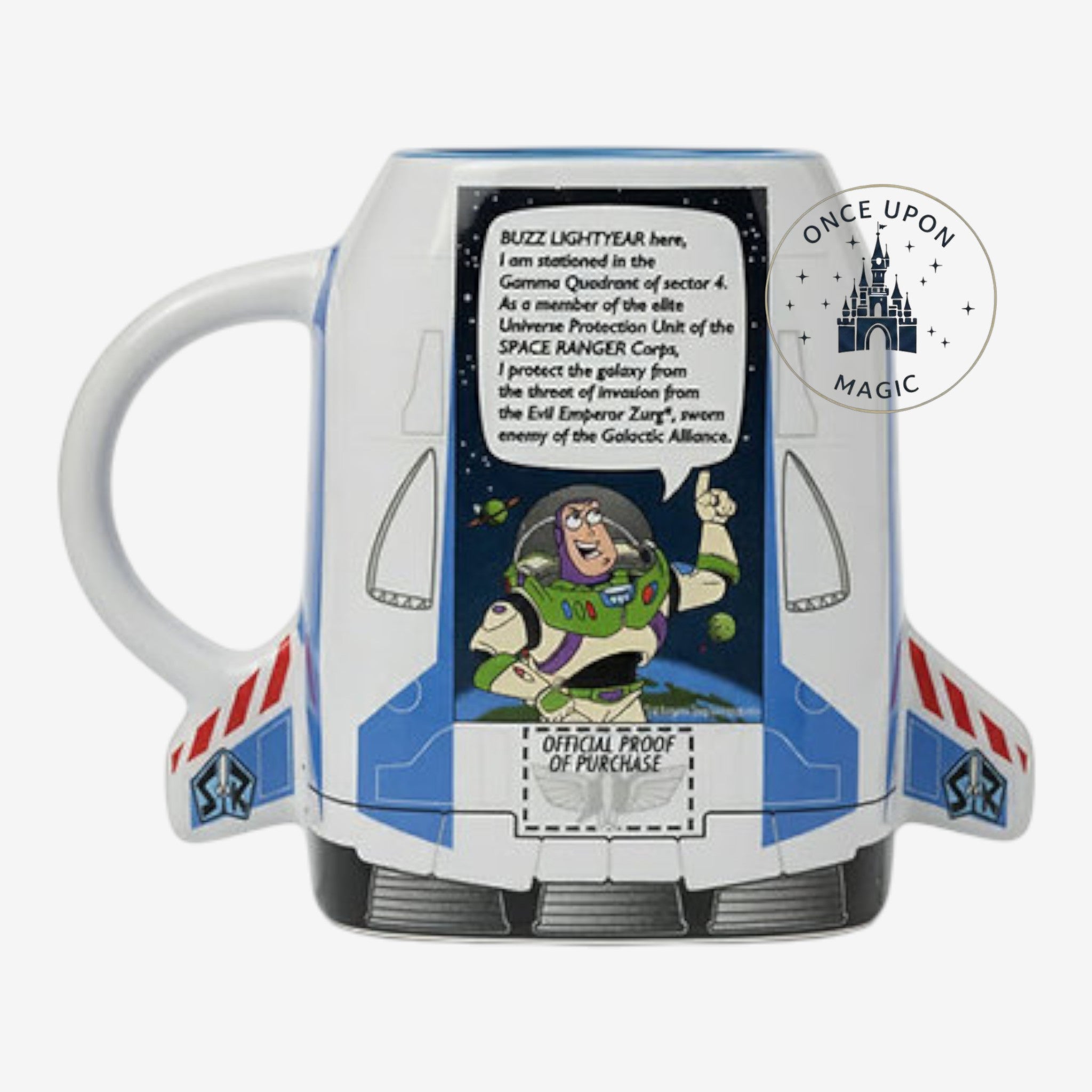 Once Upon Magic Buzz Lightyear spaceship mug featuring a character illustration and quote from Disneyland Paris