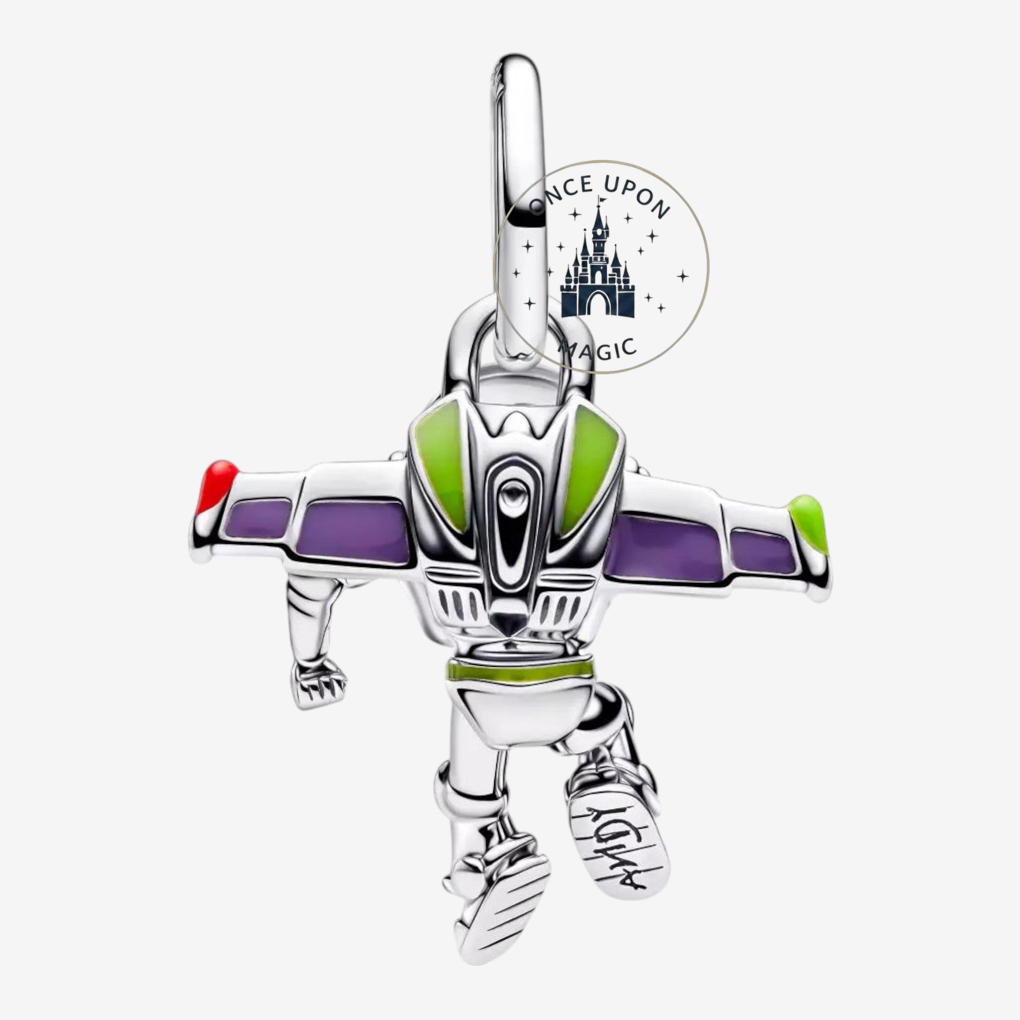Once Upon Magic silver Buzz Lightyear charm with purple and green accents, inspired by Toy Story and Disneyland Paris.