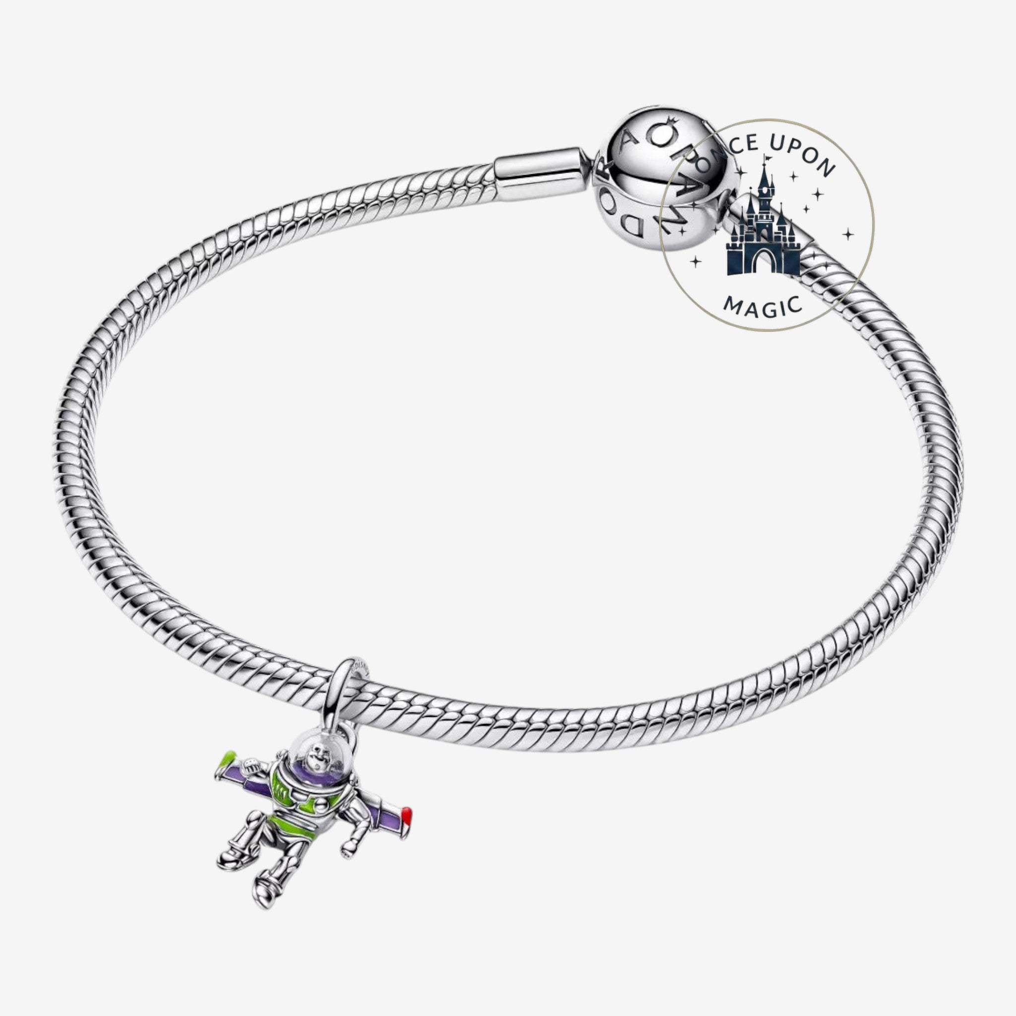 Once Upon Magic Buzz Lightyear charm bracelet, featuring a colorful enamel pendant of the Toy Story character in his iconic spacesuit.