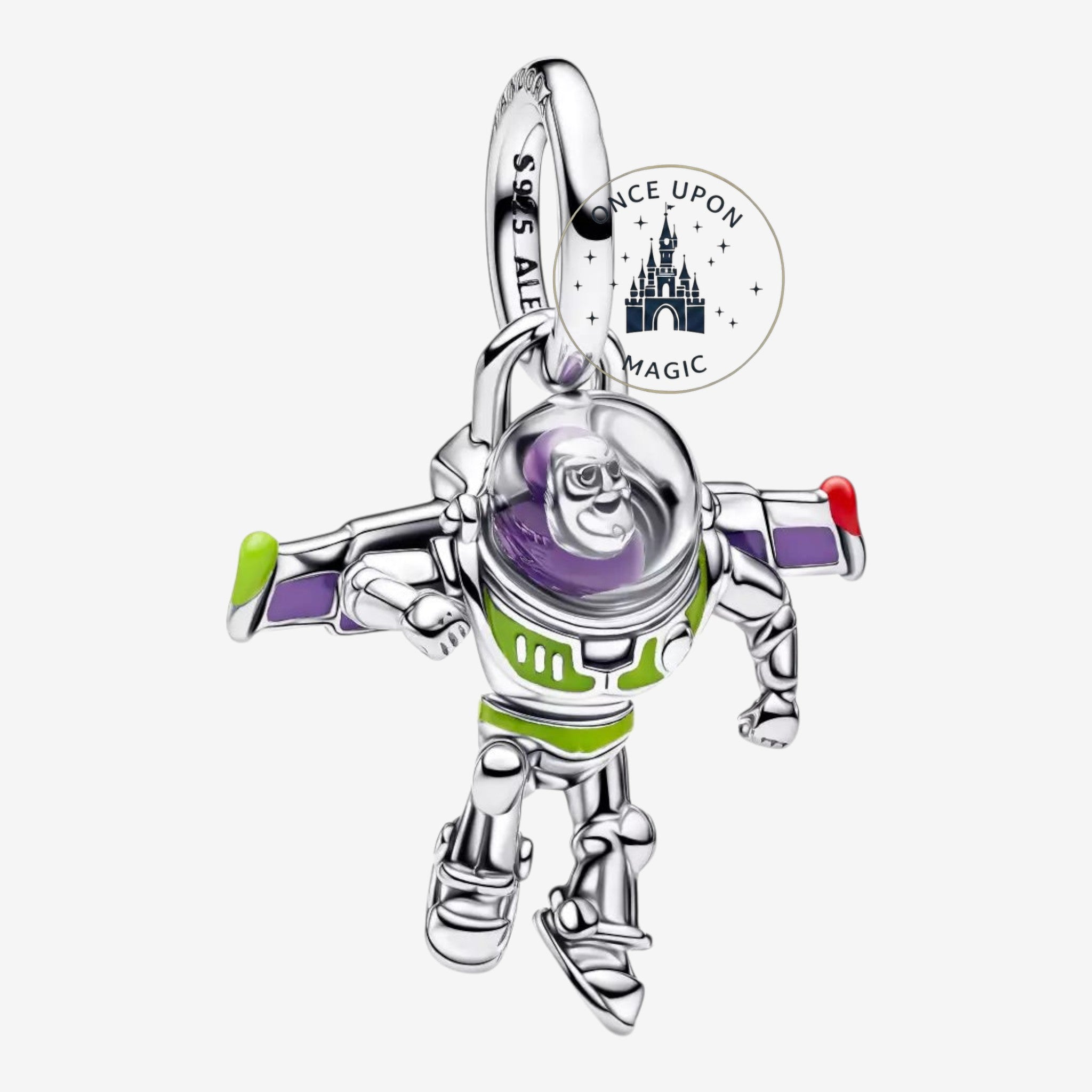 Once Upon Magic silver Buzz Lightyear charm with purple and green accents, inspired by Toy Story and Disneyland Paris.