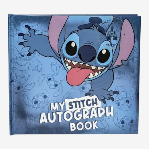 Carnet d’autographes Once Upon Magic bleu avec Stitch, idéal pour collectionner des souvenirs Disney.