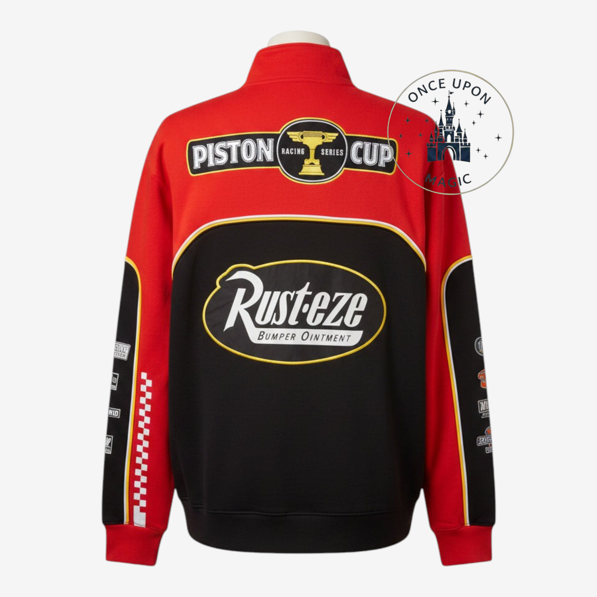 Once Upon Magic red and black Cars Lightning McQueen Piston Cup zip-up sweatshirt, back view with racing logos.