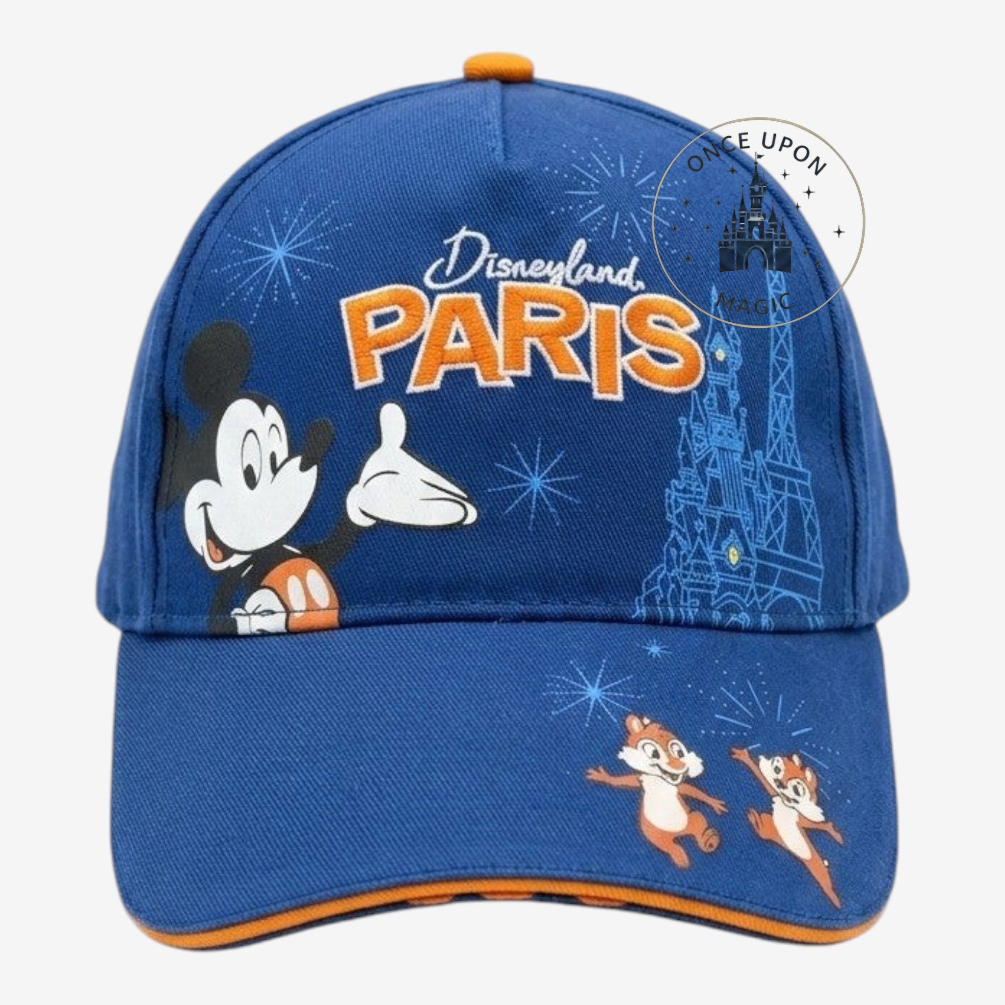 Casquette bleue Once Upon Magic avec Mickey, Tic et Tac, et Disneyland Paris. Bord orange.