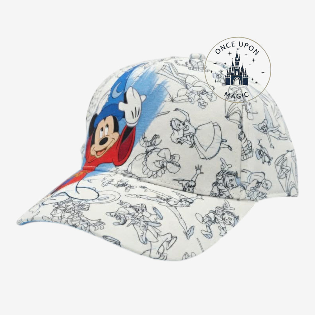 Once Upon Magic baseball cap with white all-over character sketch print and vibrant Sorcerer's Apprentice graphic.