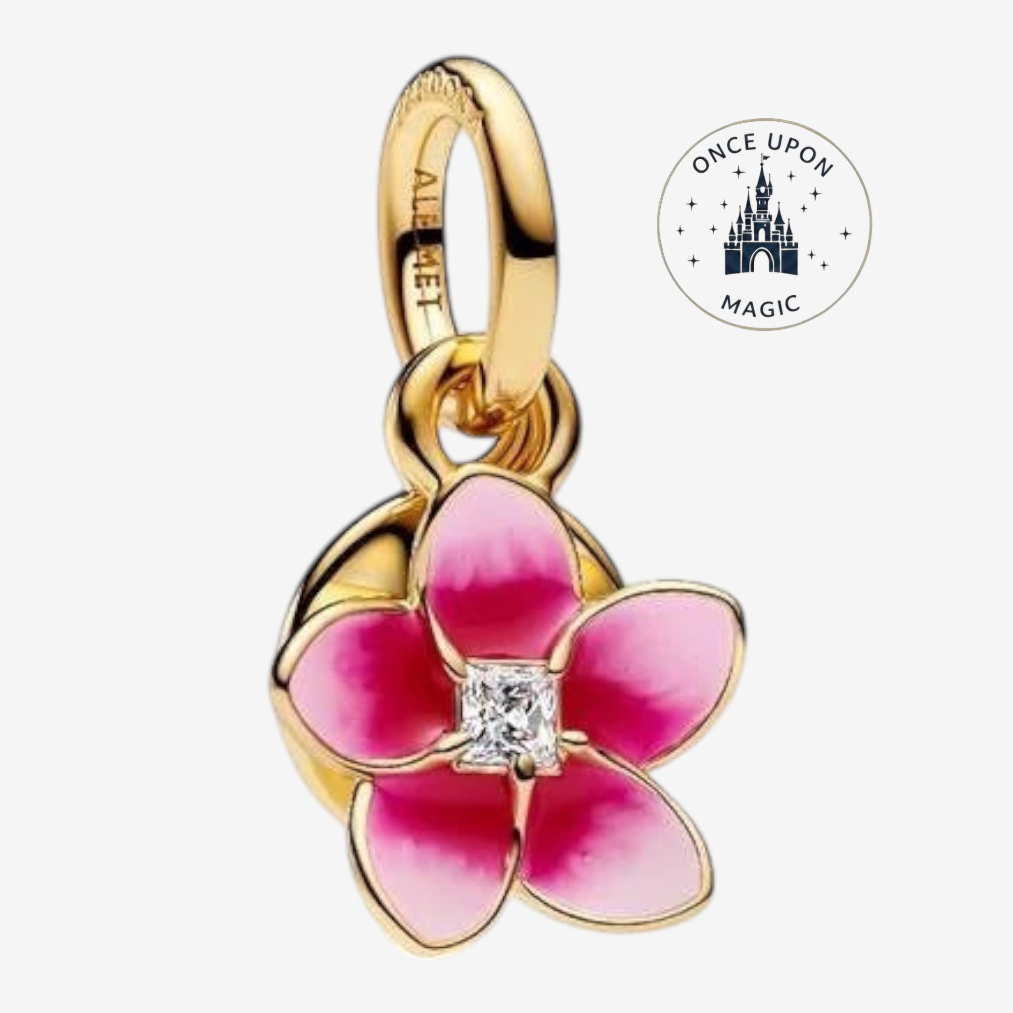 Charm Once Upon Magic Pandora Disney Vaiana en forme de fleur rose avec détails émaillés et pierre centrale brillante