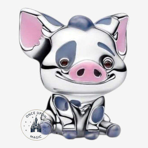 Charm Pua Disney Pandora en argent 925 avec détails en émail rose et bleu, disponible chez Once Upon Magic.