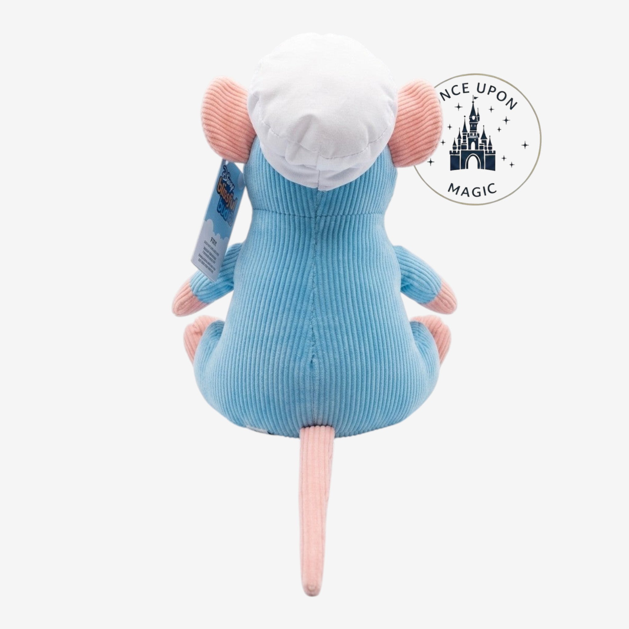 Once Upon Magic chef mouse plush toy in light blue corduroy with pink accents and a white chef's hat.