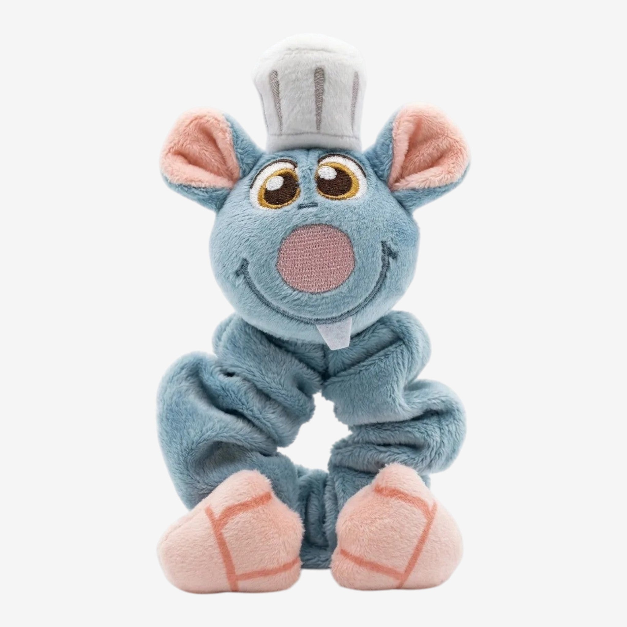 Once Upon Magic blue plush rat chef scrunchie with white toque blanche and pink paws. Soft hair accessory.