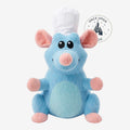 Once Upon Magic light blue corduroy plush rat toy wearing a white chef's hat with pink accents.