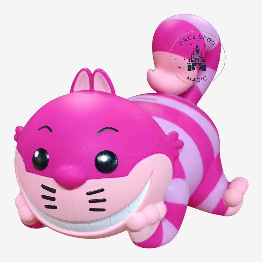 Once Upon Magic Cheshire Cat collectible figurine with iconic pink and purple stripes and a wide, toothy grin.