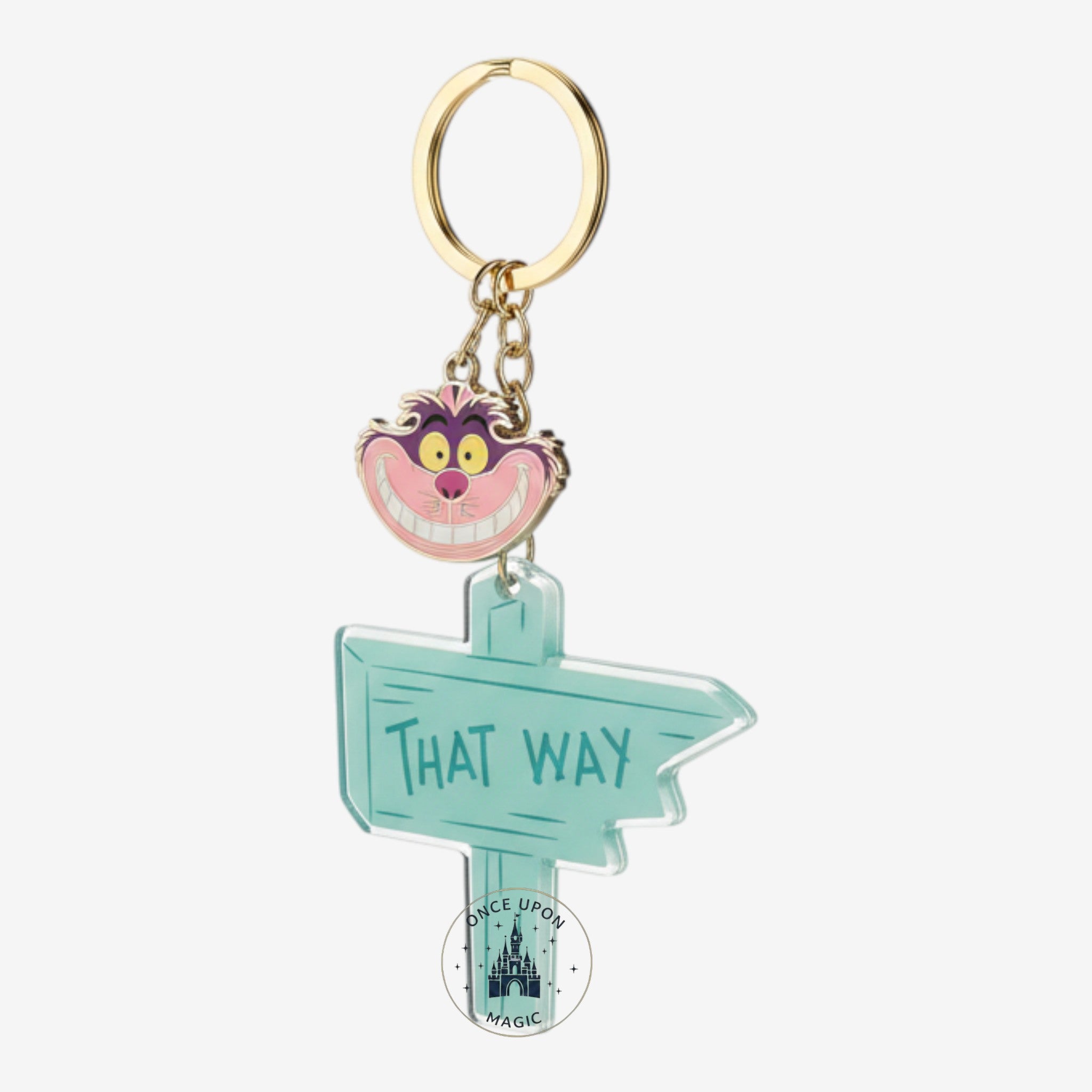 Once Upon Magic Cheshire Cat keychain from Alice in Wonderland featuring a turquoise That Way sign on a gold ring