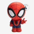 Once Upon Magic chibi Spider-Man coin bank with red and blue suit, on a wooden base.