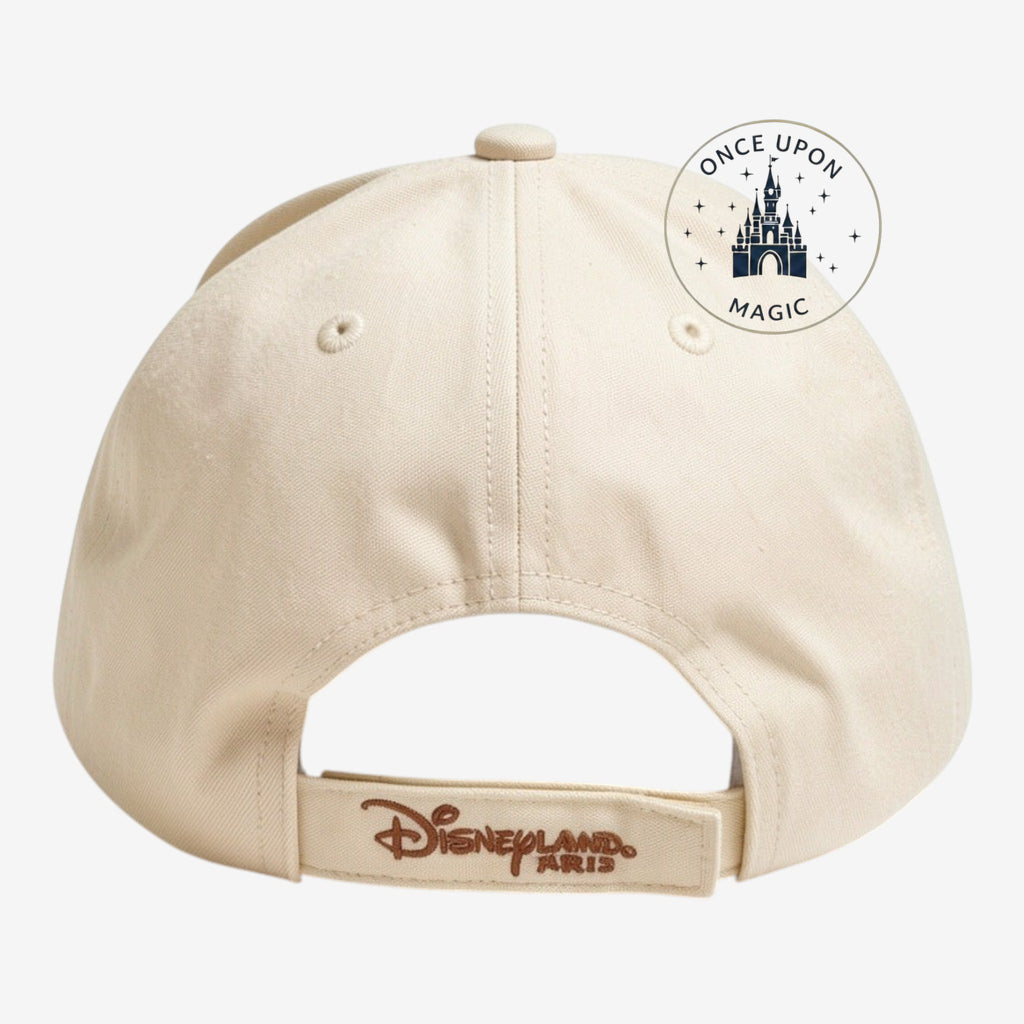 Once Upon Magic beige cotton baseball cap with Chip & Chap 3D plush detail and embroidered Chap silhouette.
